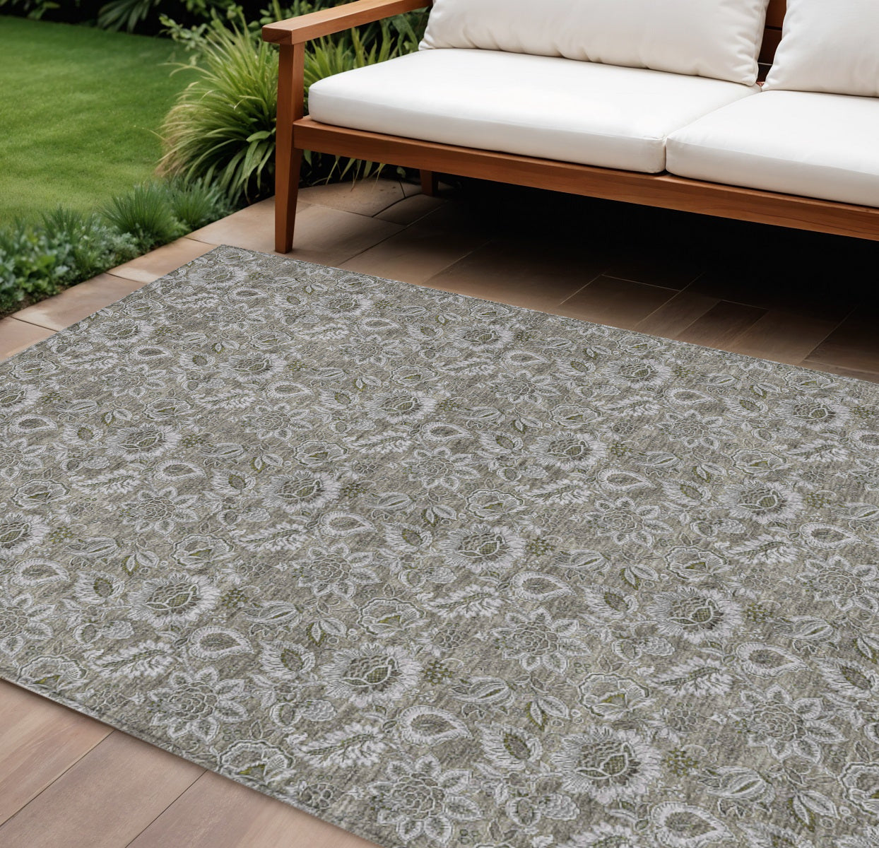 9' X 12' Taupe Brown And Beige Floral Washable Indoor Outdoor Area Rug