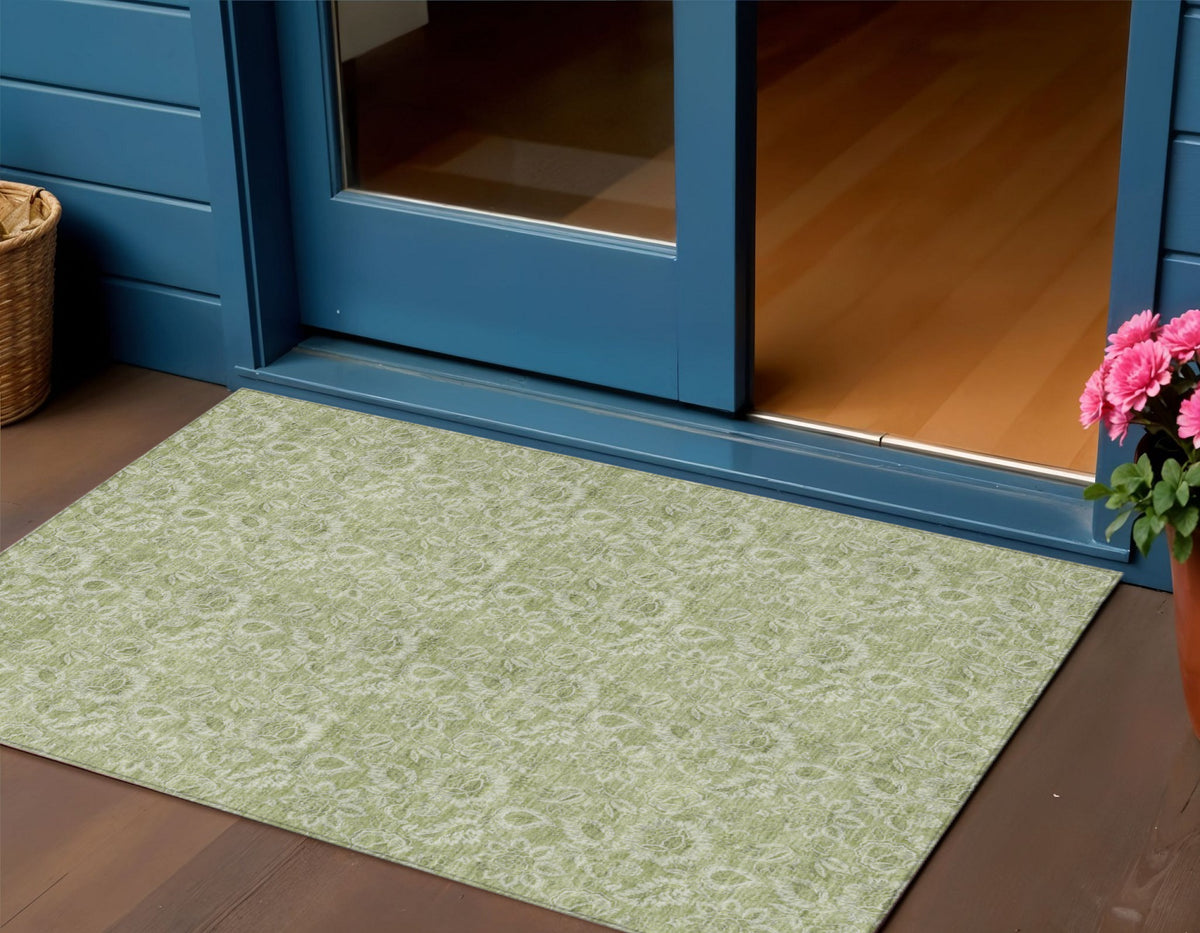 3' X 5' Green Floral Washable Indoor Outdoor Area Rug