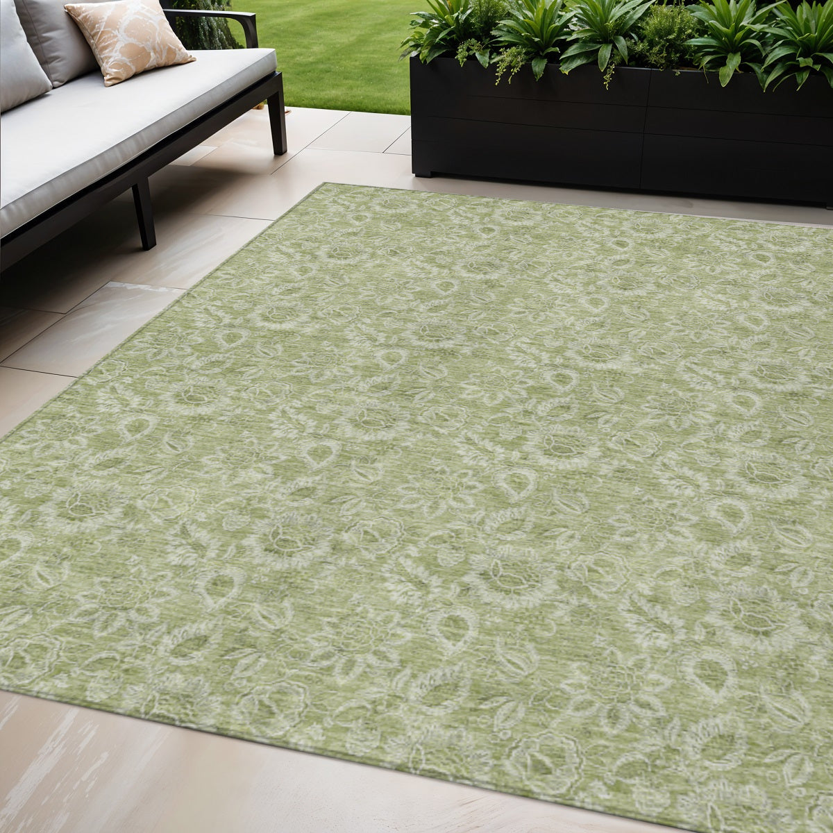 5' X 8' Green Floral Washable Indoor Outdoor Area Rug