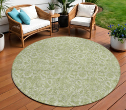 8' Green Round Floral Washable Indoor Outdoor Area Rug