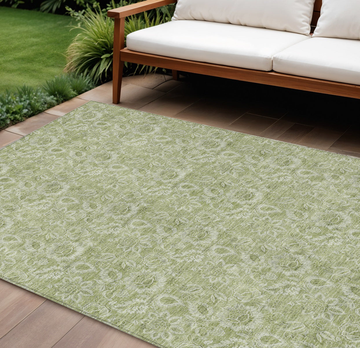 9' X 12' Green Floral Washable Indoor Outdoor Area Rug
