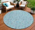 8' Aqua Blue And Silver Round Floral Washable Indoor Outdoor Area Rug