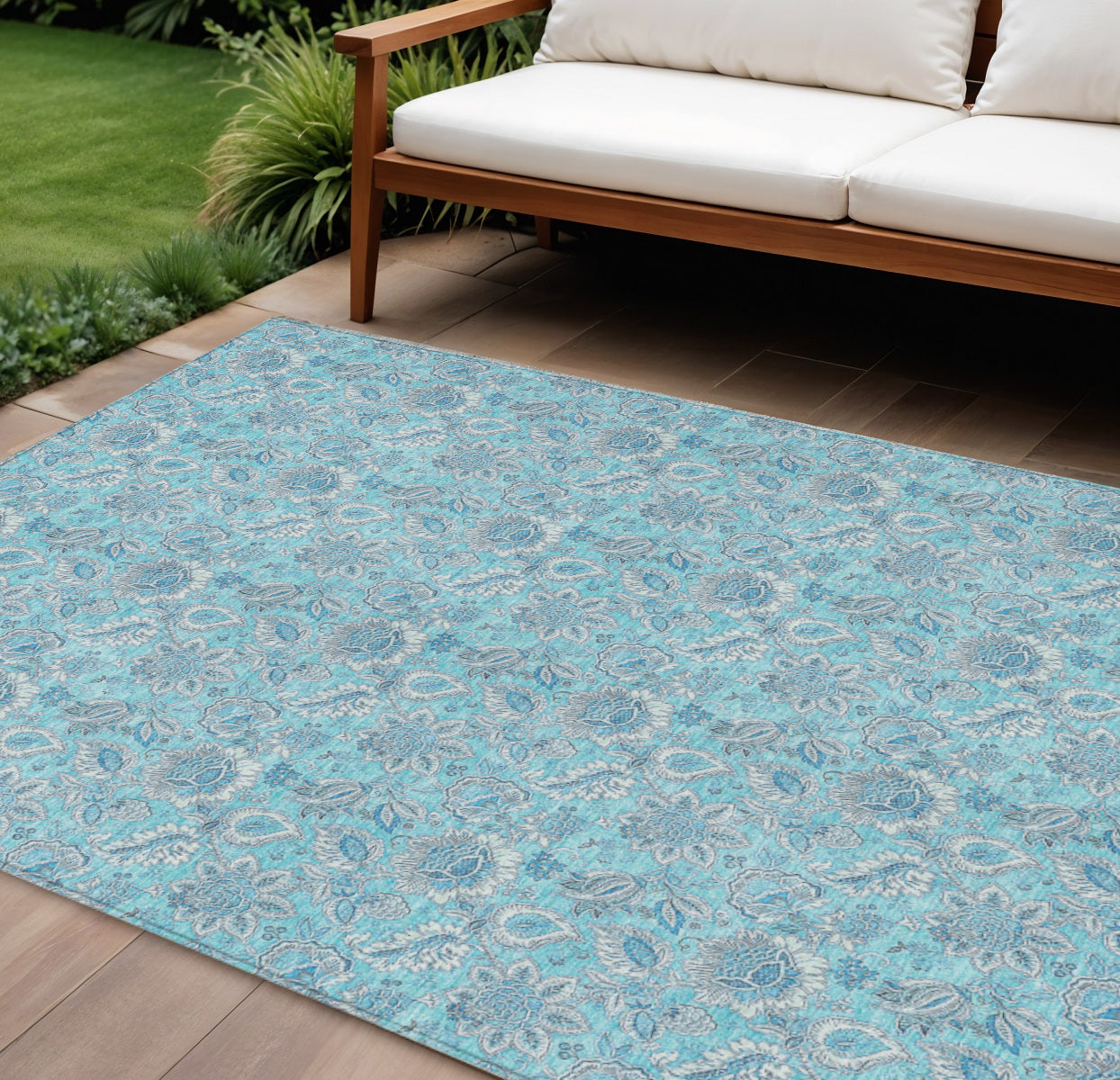 10' X 14' Aqua Blue And Silver Floral Washable Indoor Outdoor Area Rug