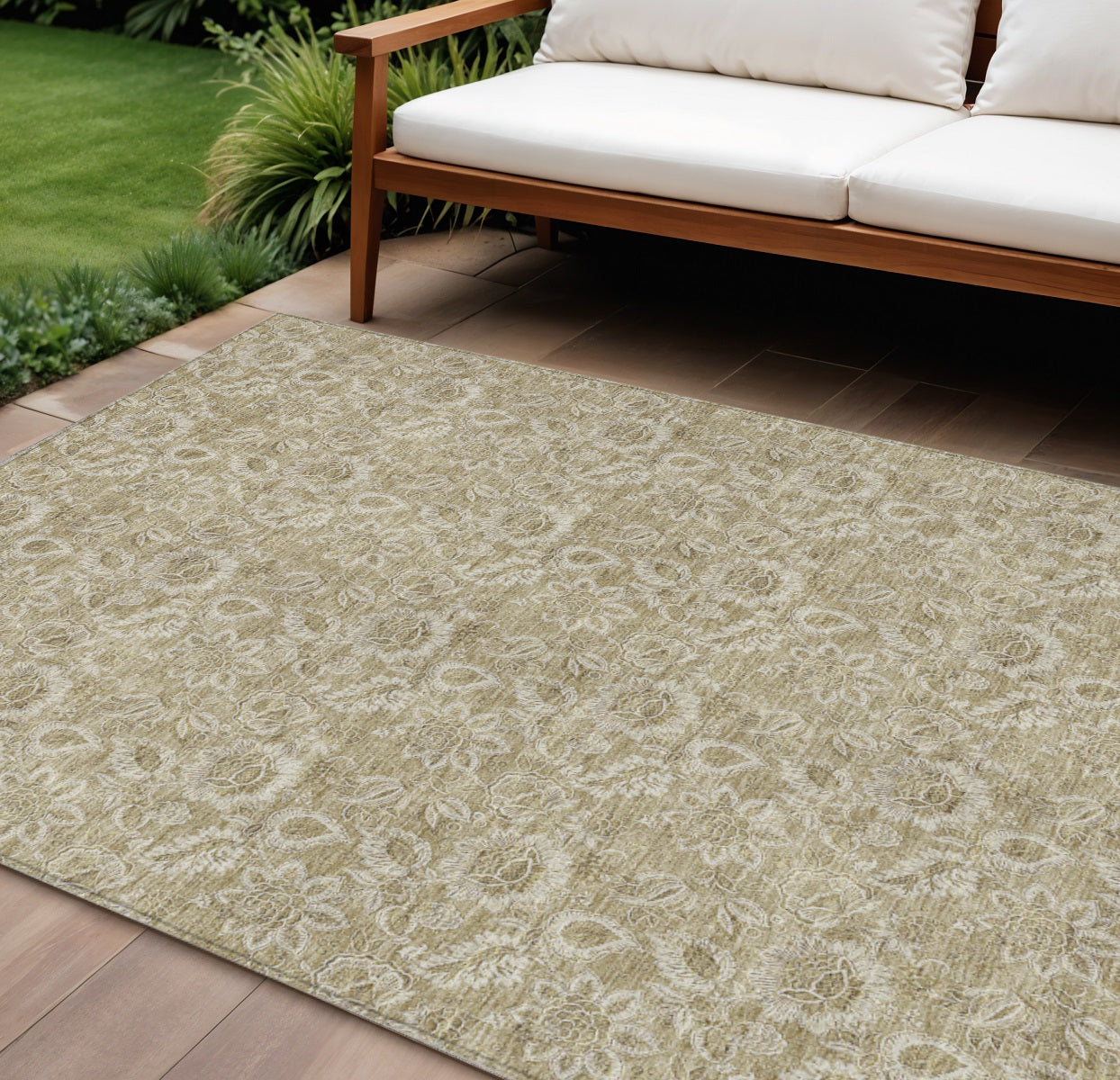 8' X 10' Beige Taupe And Brown Floral Washable Indoor Outdoor Area Rug