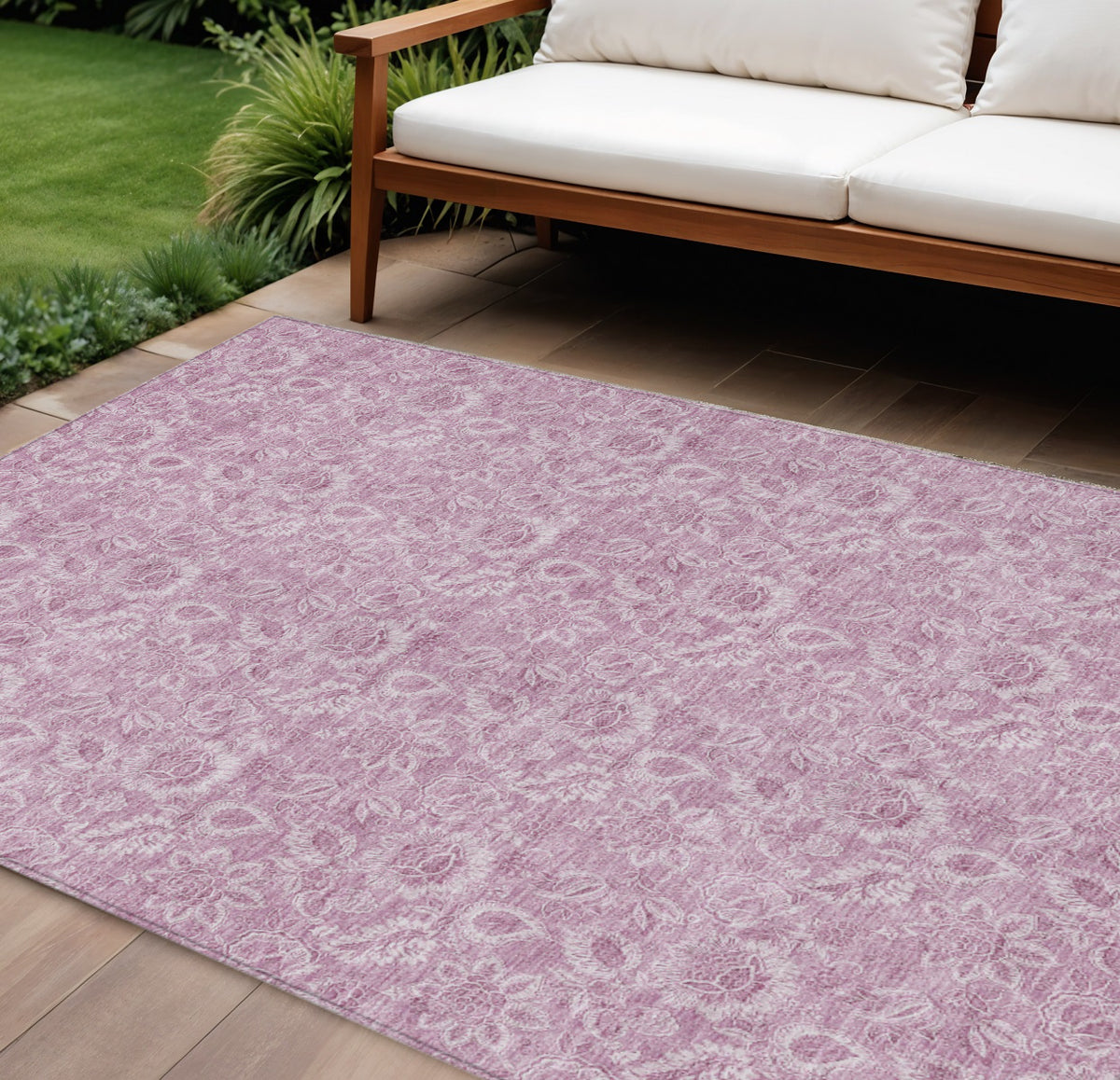 10' X 14' Blush Mauve And Pink Floral Washable Indoor Outdoor Area Rug