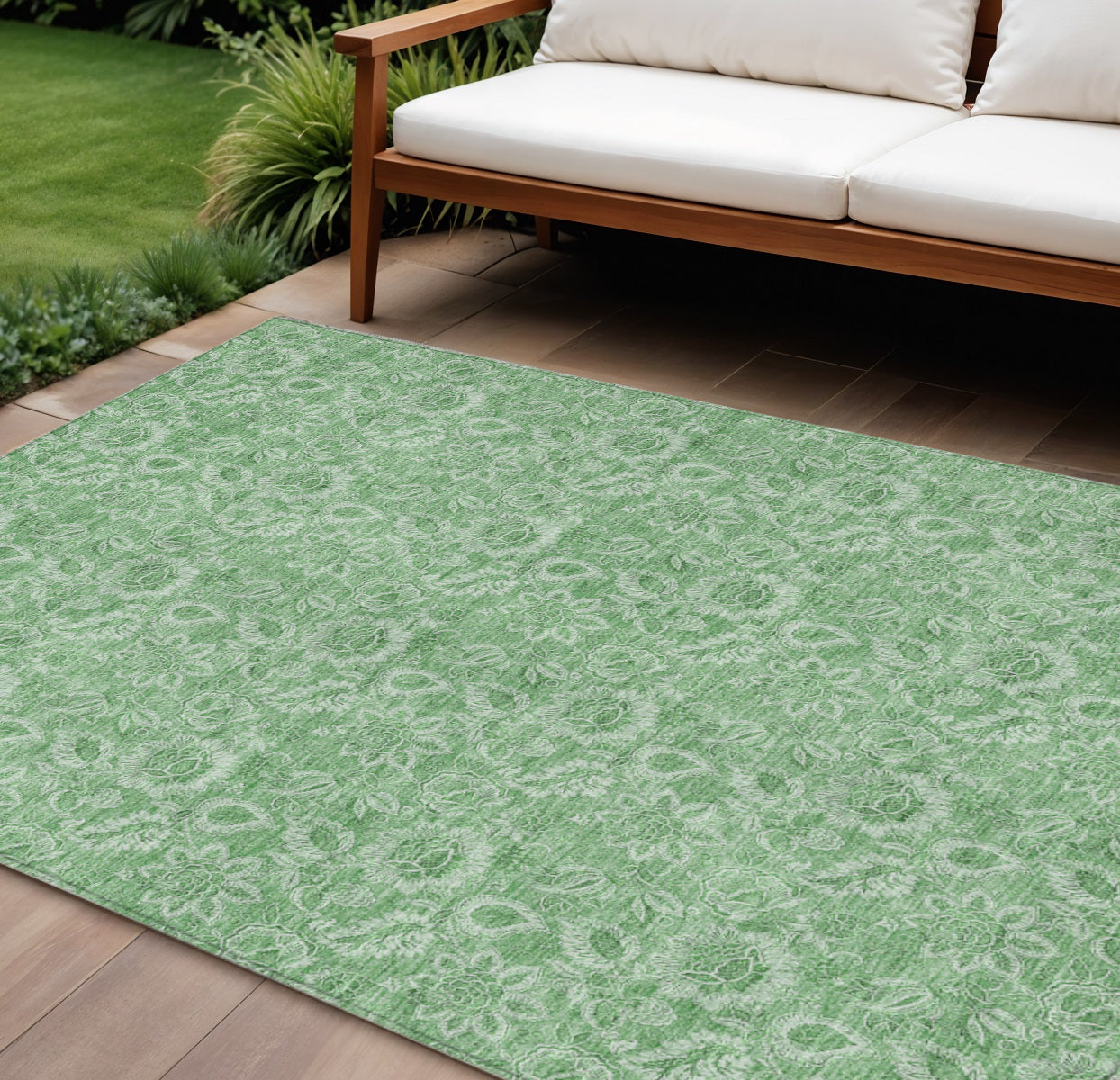 9' X 12' Green And Artichoke Green Floral Washable Indoor Outdoor Area Rug