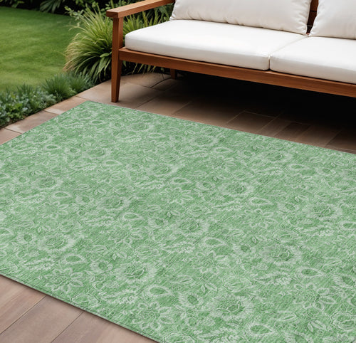10' X 14' Green And Artichoke Green Floral Washable Indoor Outdoor Area Rug