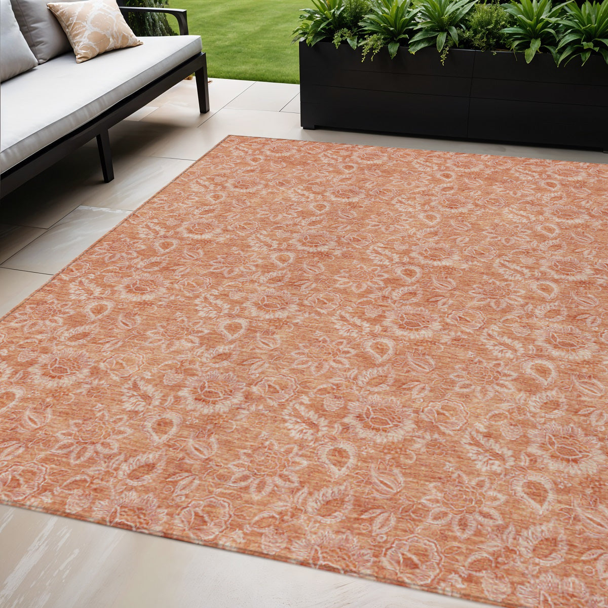 5' X 8' Salmon And Copper Floral Washable Indoor Outdoor Area Rug