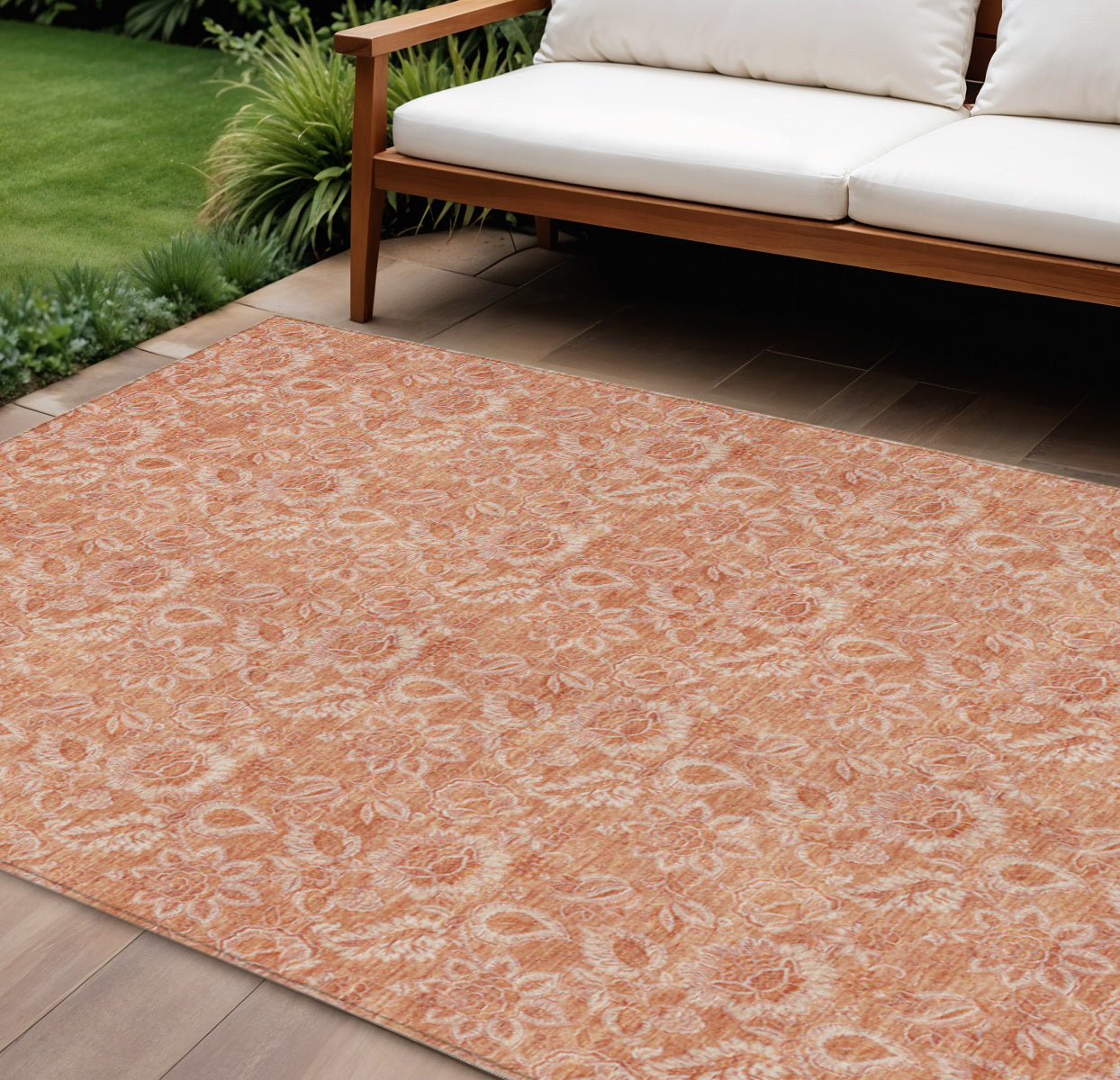 9' X 12' Salmon And Copper Floral Washable Indoor Outdoor Area Rug