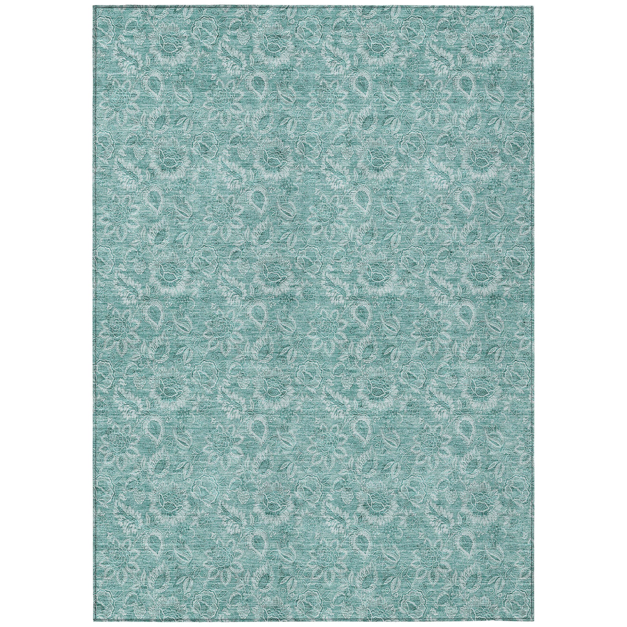 9' X 12' Teal Blue And Aqua Floral Washable Indoor Outdoor Area Rug