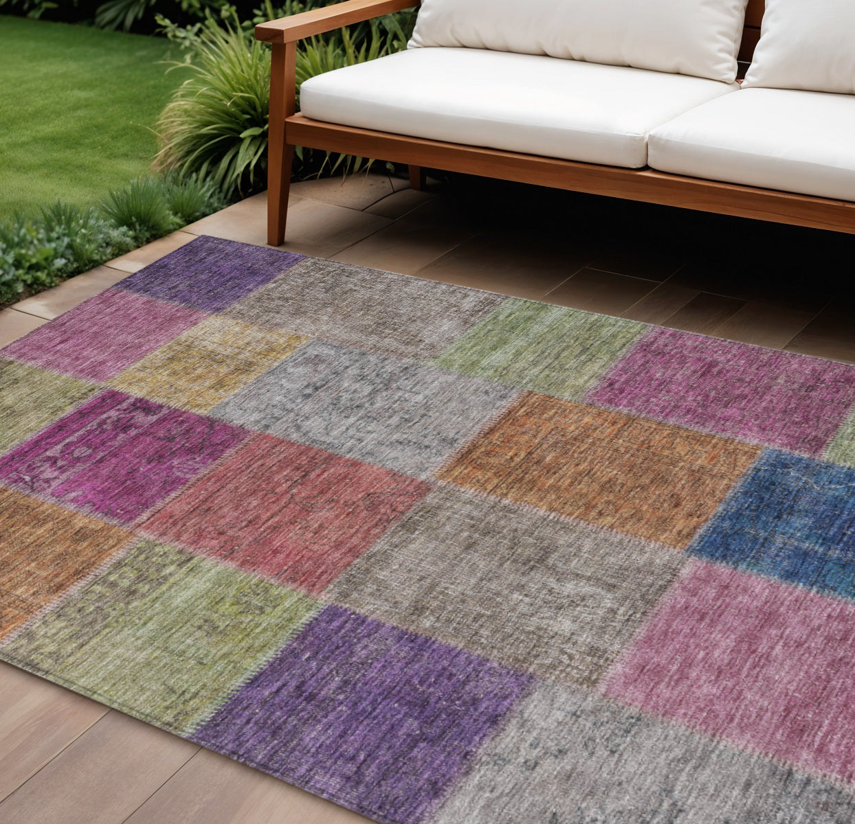 10' X 14' Copper Navy Blue And Gold Patchwork Washable Indoor Outdoor Area Rug