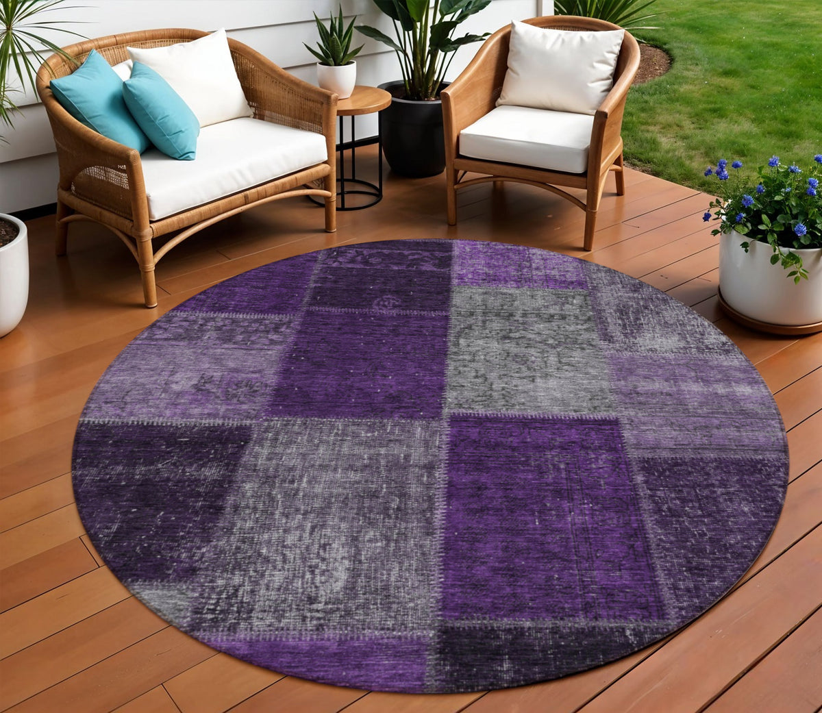 8' Eggplant Purple And Lilac Round Patchwork Washable Indoor Outdoor Area Rug