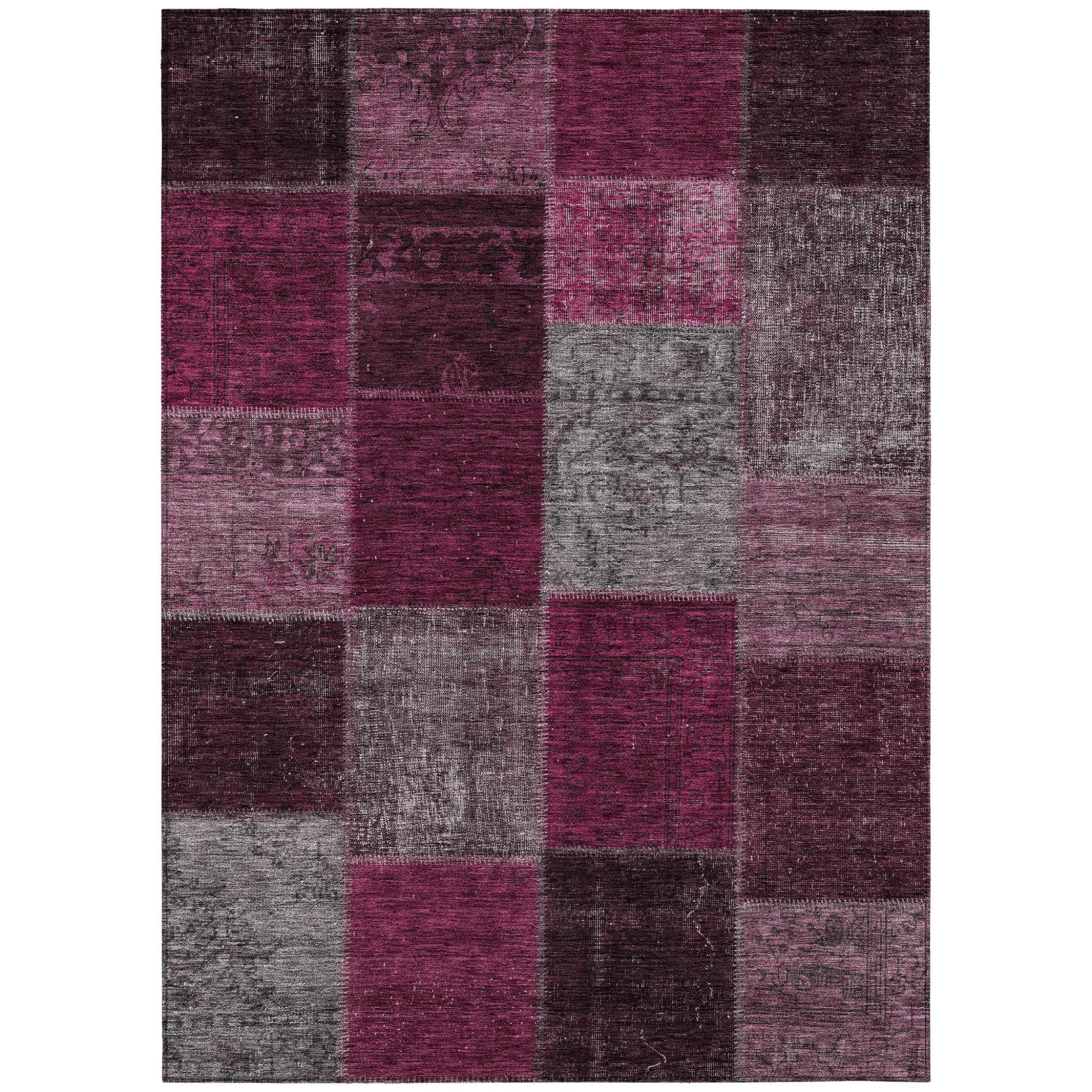 3' X 5' Merlot Burgundy And Gray Patchwork Washable Indoor Outdoor Area Rug