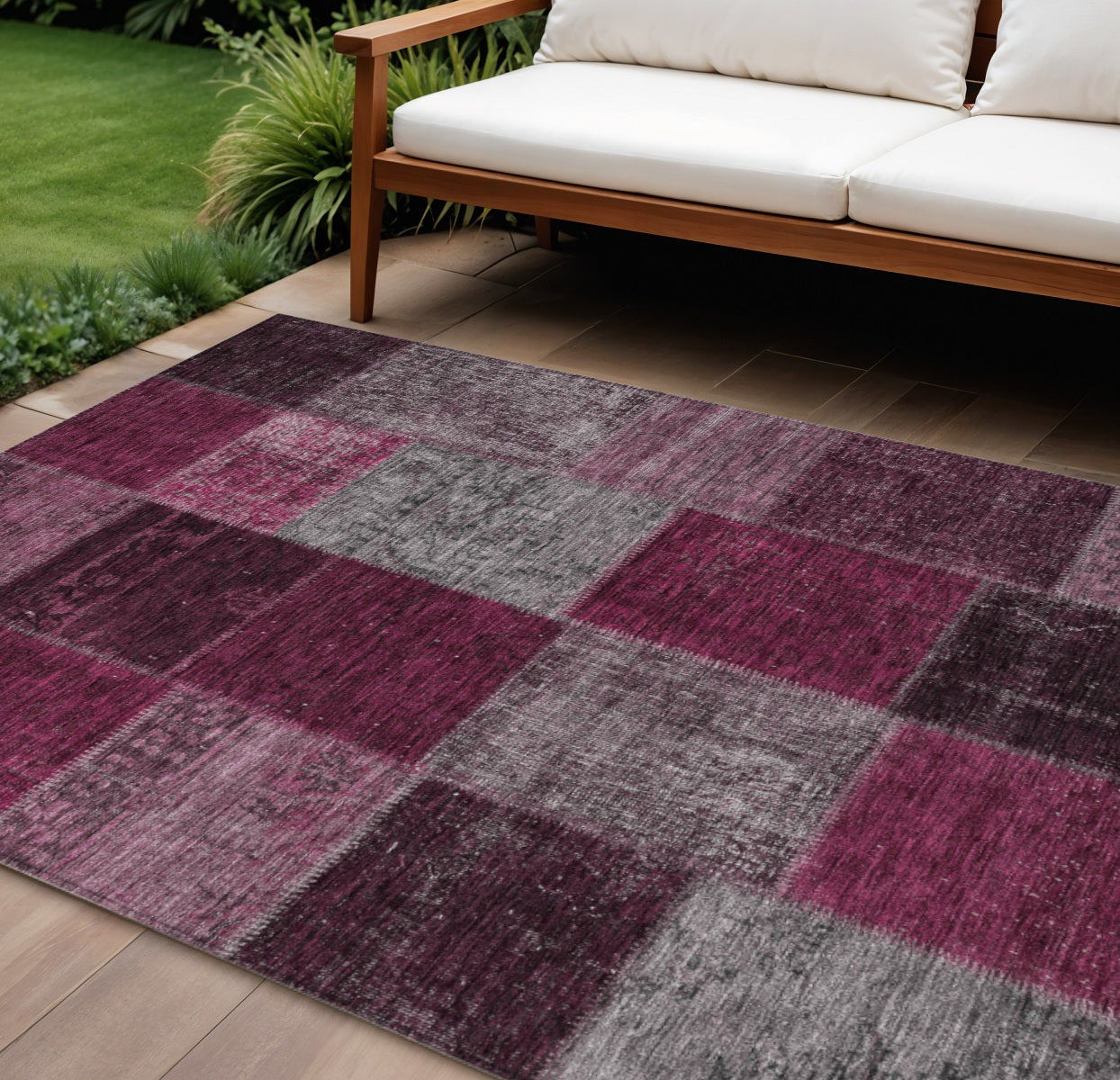 9' X 12' Merlot Burgundy And Gray Patchwork Washable Indoor Outdoor Area Rug