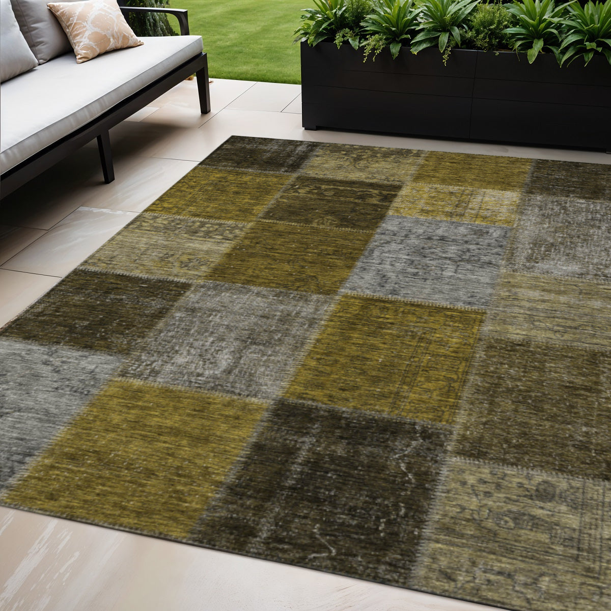 5' X 8' Brown Gold And Taupe Patchwork Washable Indoor Outdoor Area Rug