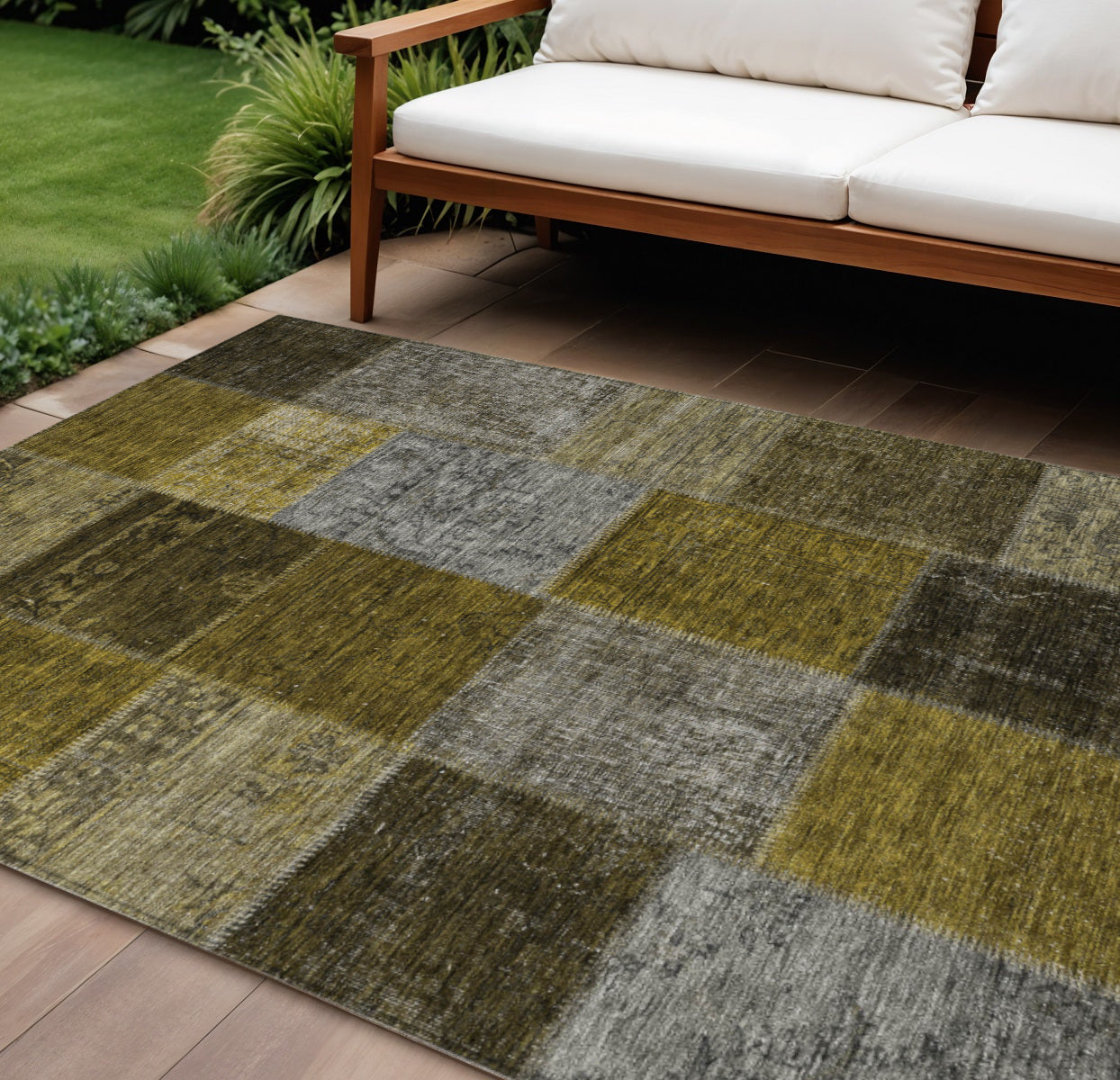 10' X 14' Brown Gold And Taupe Patchwork Washable Indoor Outdoor Area Rug