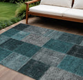 9' X 12' Teal Blue Aqua And Charcoal Patchwork Washable Indoor Outdoor Area Rug