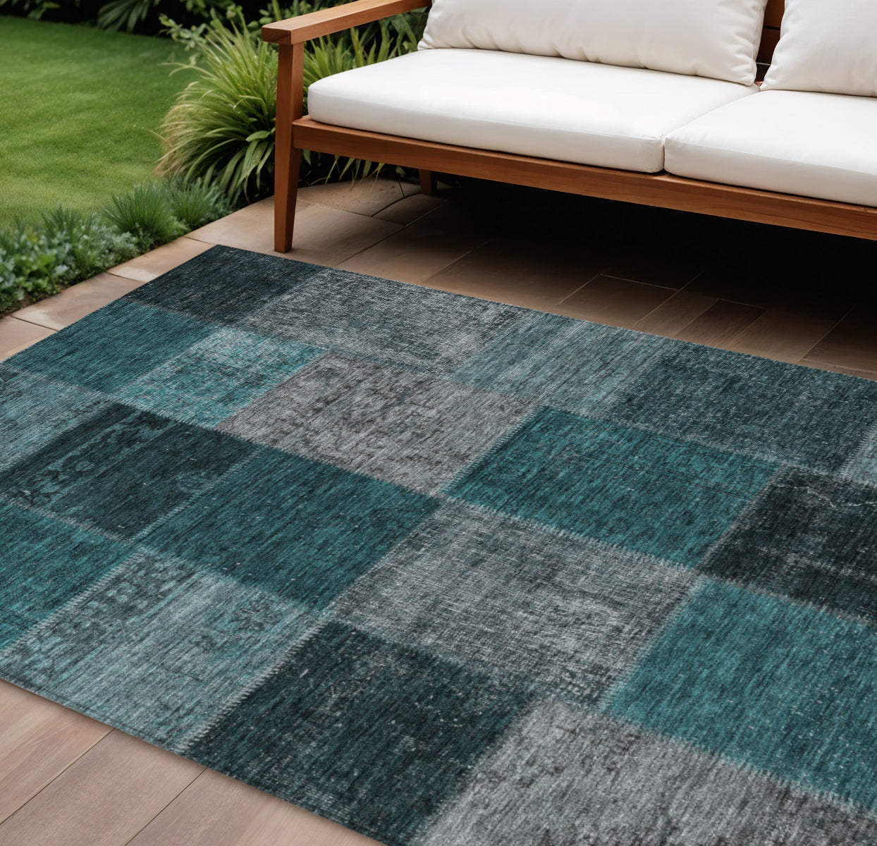 9' X 12' Teal Blue Aqua And Charcoal Patchwork Washable Indoor Outdoor Area Rug