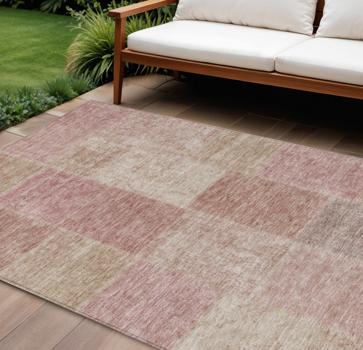 10' X 14' Blush Pink And Mauve Patchwork Washable Indoor Outdoor Area Rug