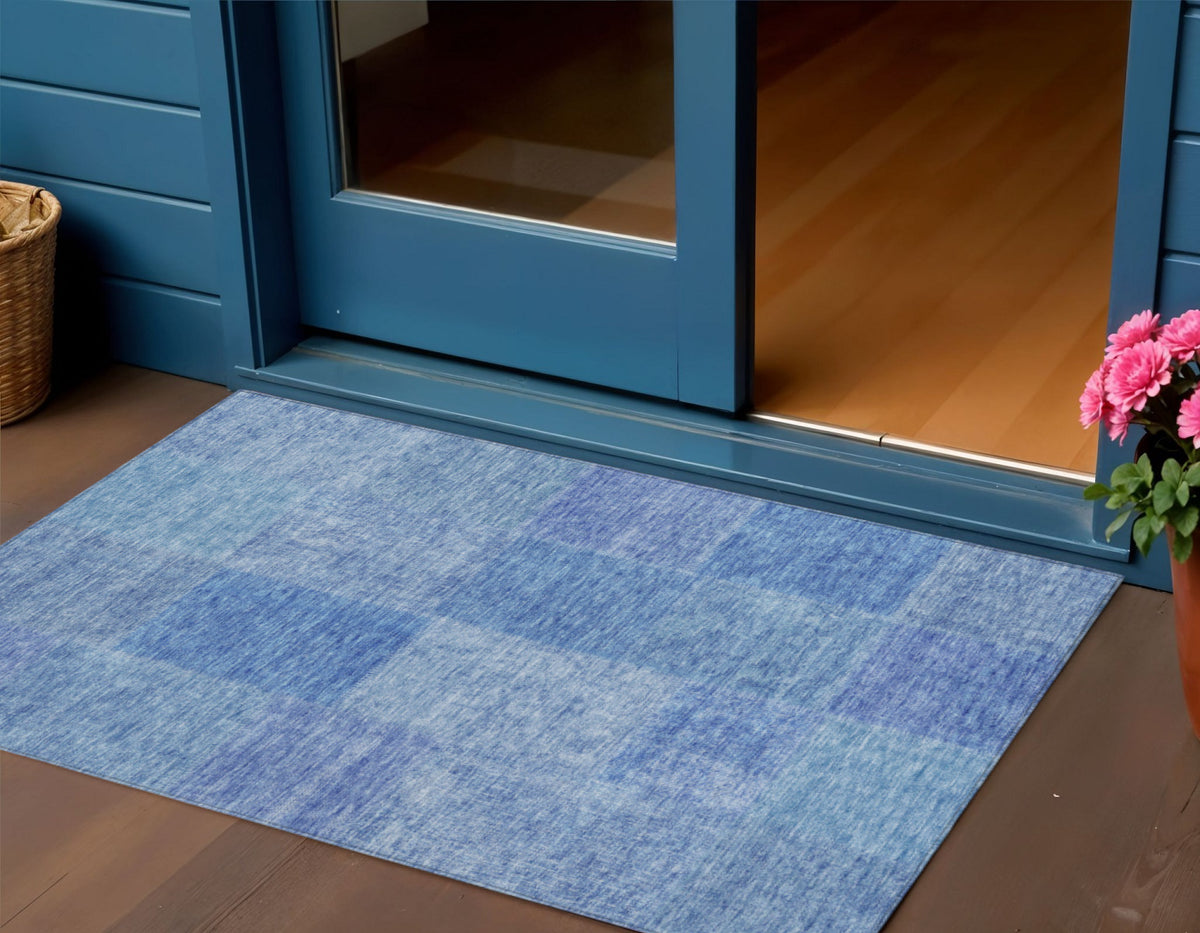 3' X 5' Denim Blue And Sky Blue Patchwork Washable Indoor Outdoor Area Rug