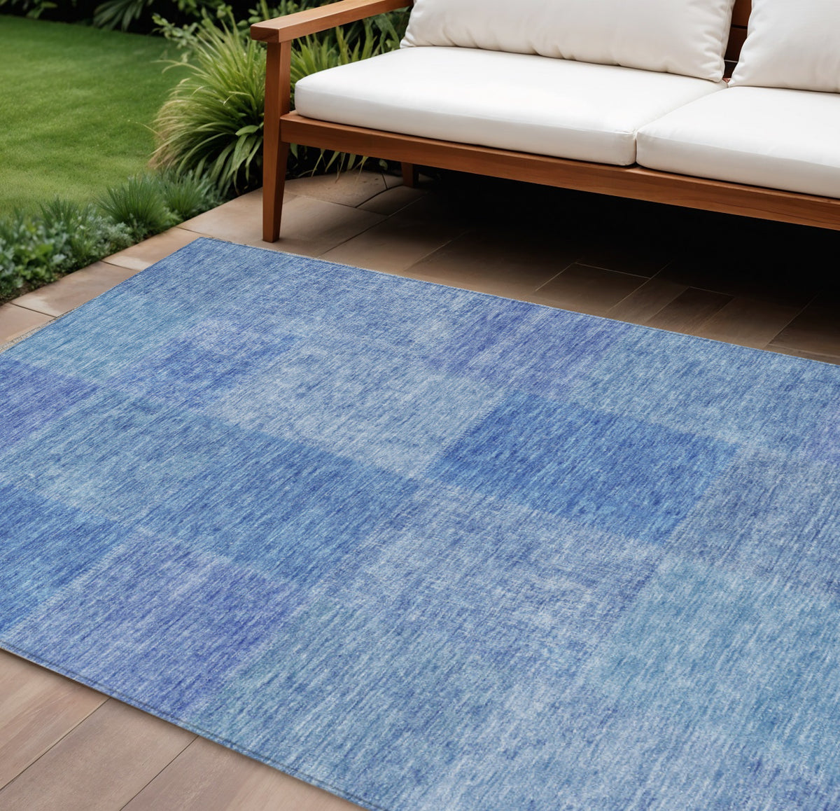 10' X 14' Denim Blue And Sky Blue Patchwork Washable Indoor Outdoor Area Rug
