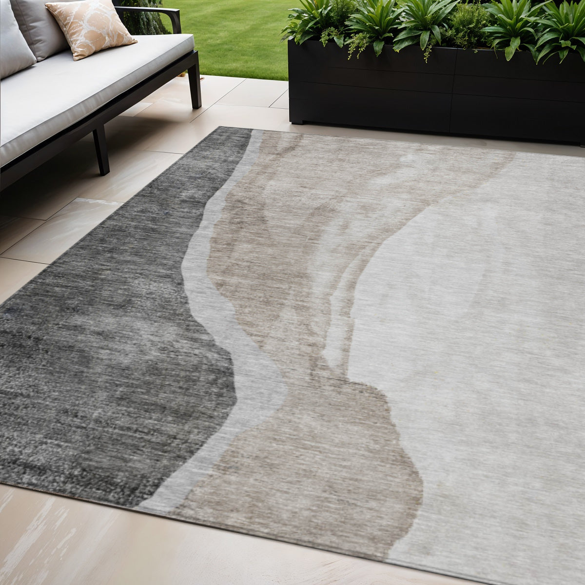 5' X 8' Charcoal Gray And Taupe Abstract Washable Indoor Outdoor Area Rug