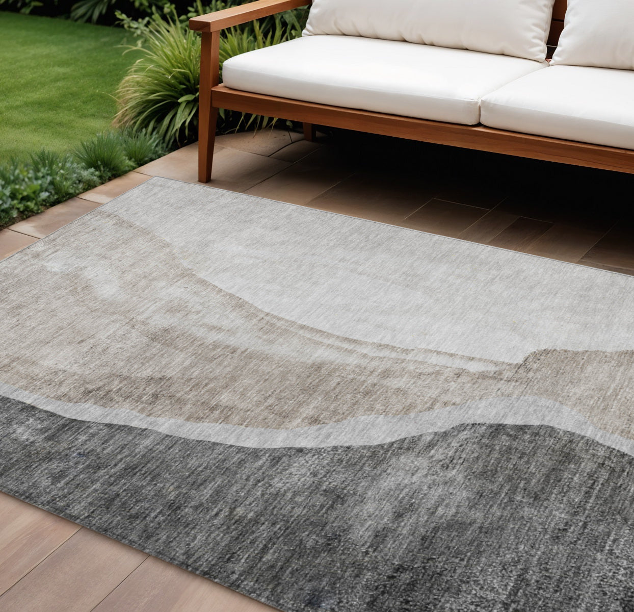 9' X 12' Charcoal Gray And Taupe Abstract Washable Indoor Outdoor Area Rug