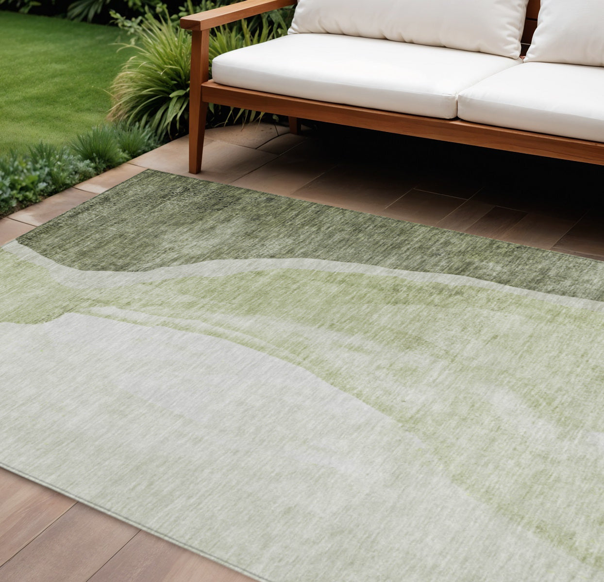 8' X 10' Olive Green And Beige Abstract Washable Indoor Outdoor Area Rug