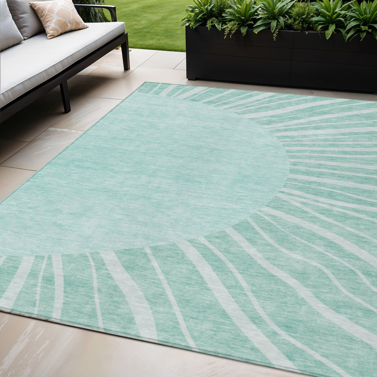 5' X 8' Teal Blue Aqua And Mint Green Abstract Washable Indoor Outdoor Area Rug