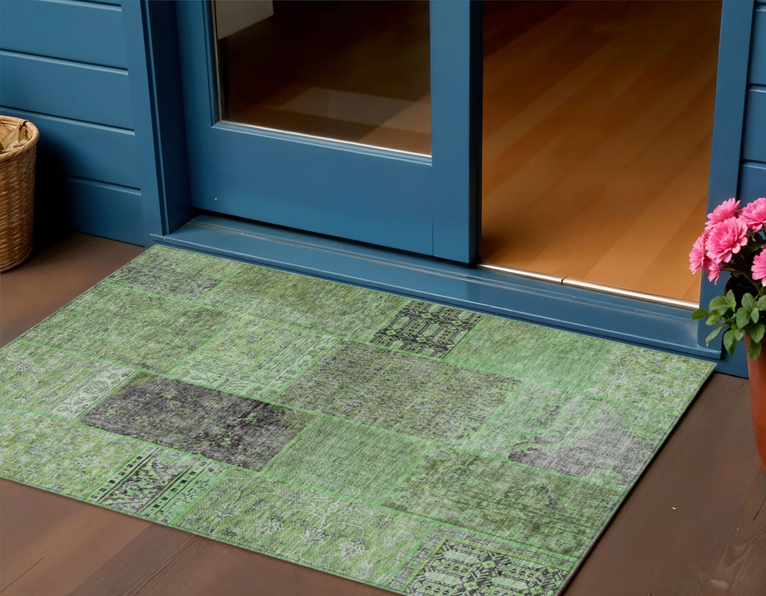 3' X 5' Green And Olive Green Patchwork Washable Indoor Outdoor Area Rug