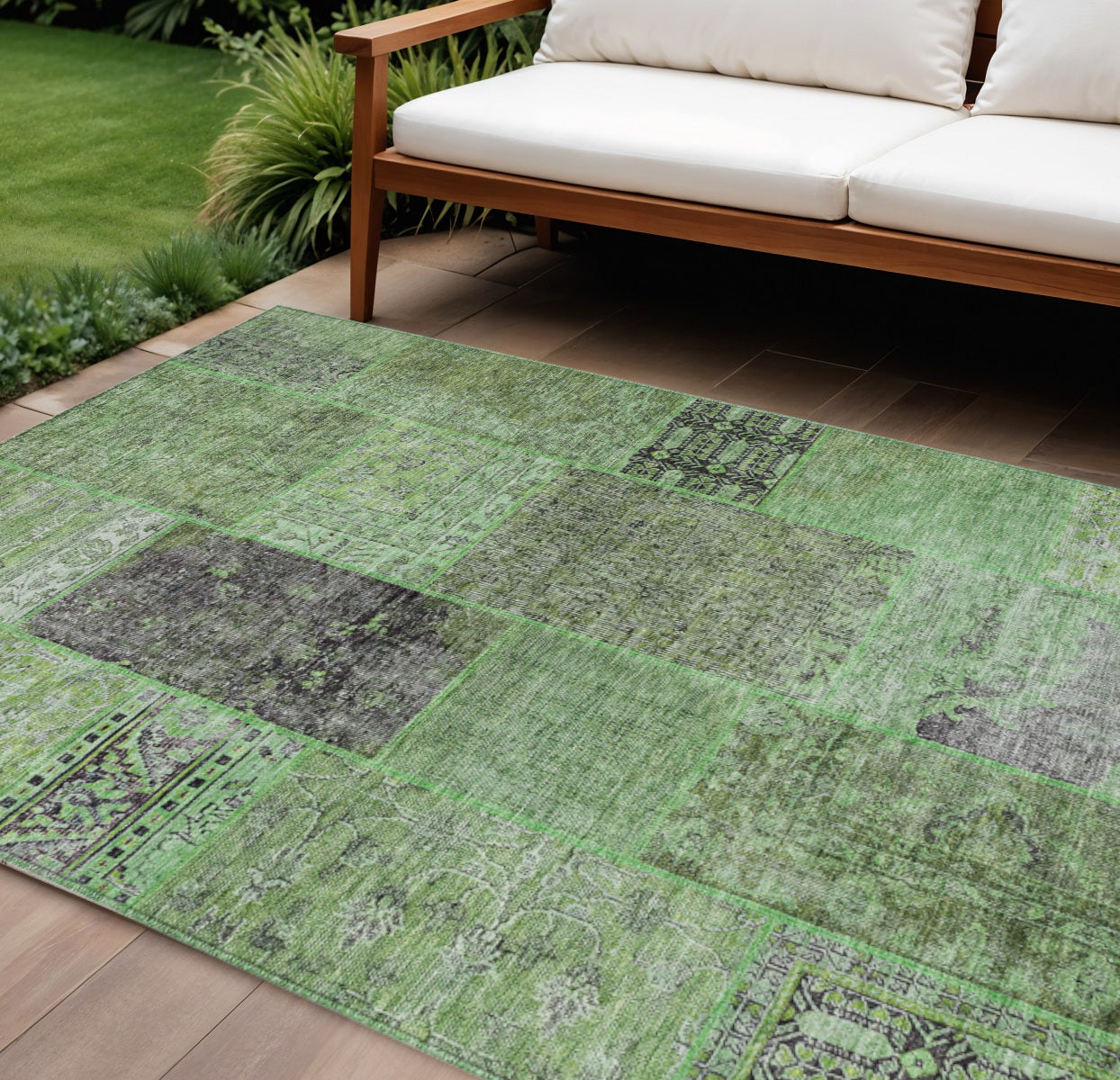 9' X 12' Green And Olive Green Patchwork Washable Indoor Outdoor Area Rug
