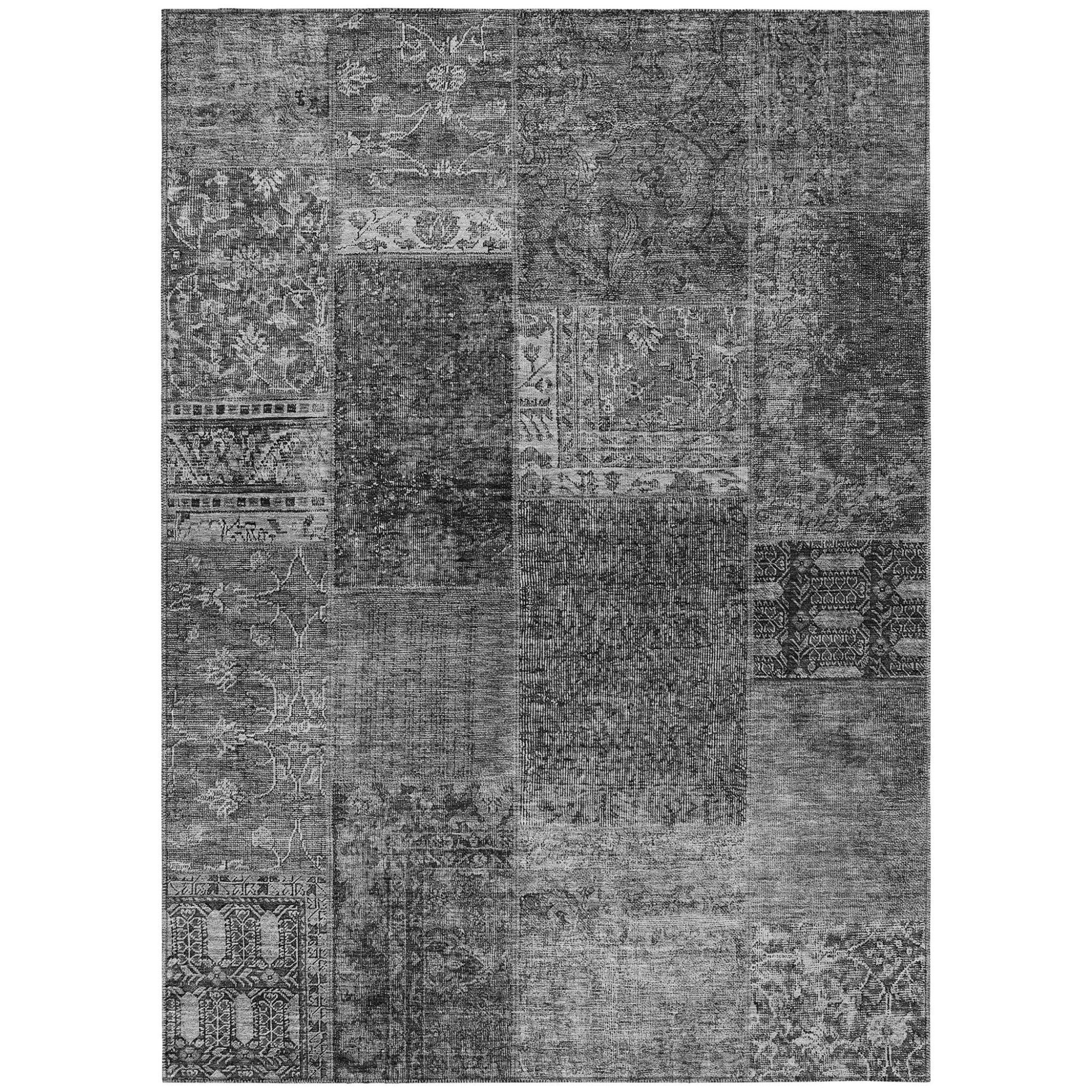 9' X 12' Gray Charcoal And Silver Patchwork Washable Indoor Outdoor Area Rug