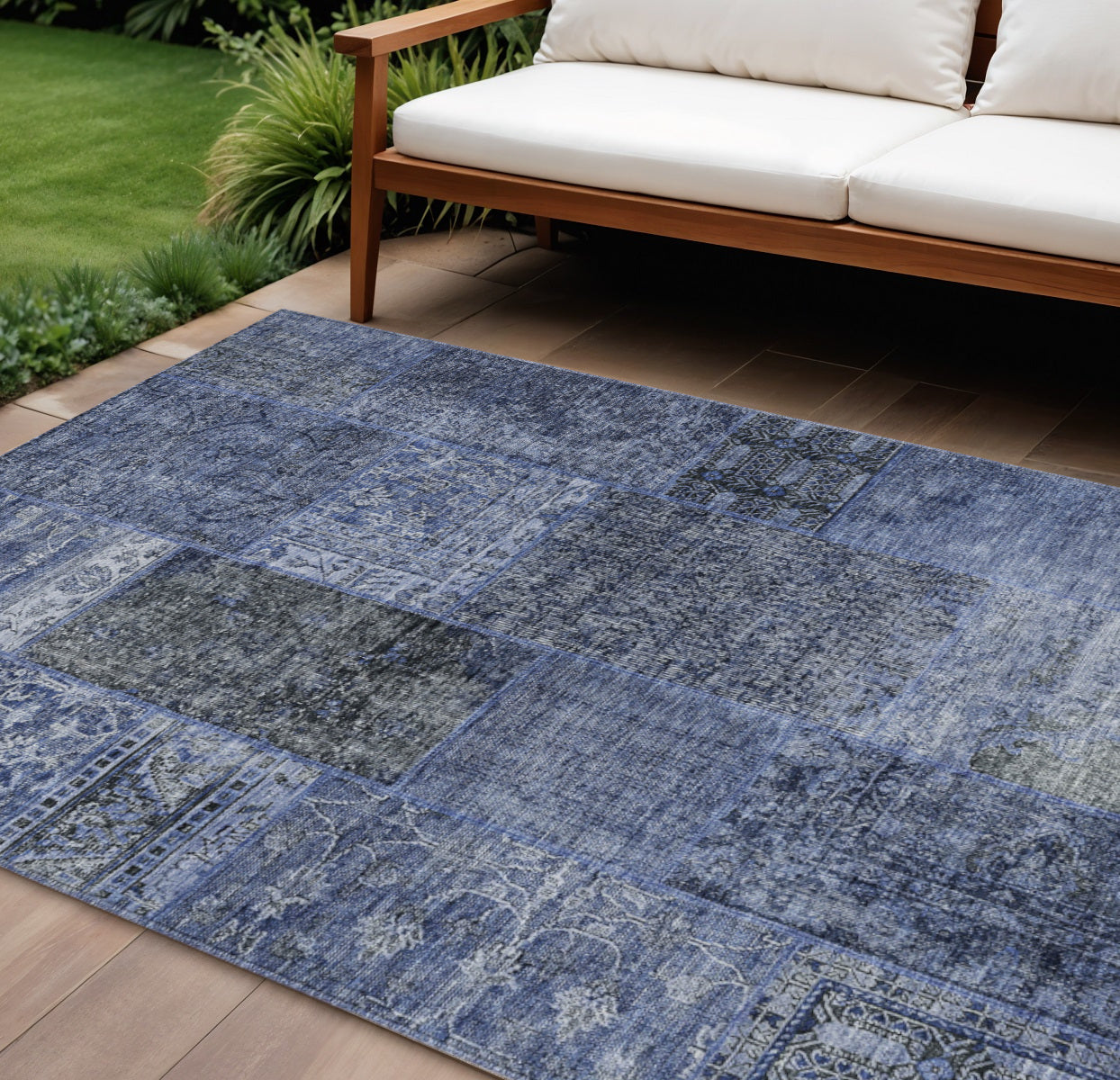 9' X 12' Navy Blue And Charcoal Patchwork Washable Indoor Outdoor Area Rug