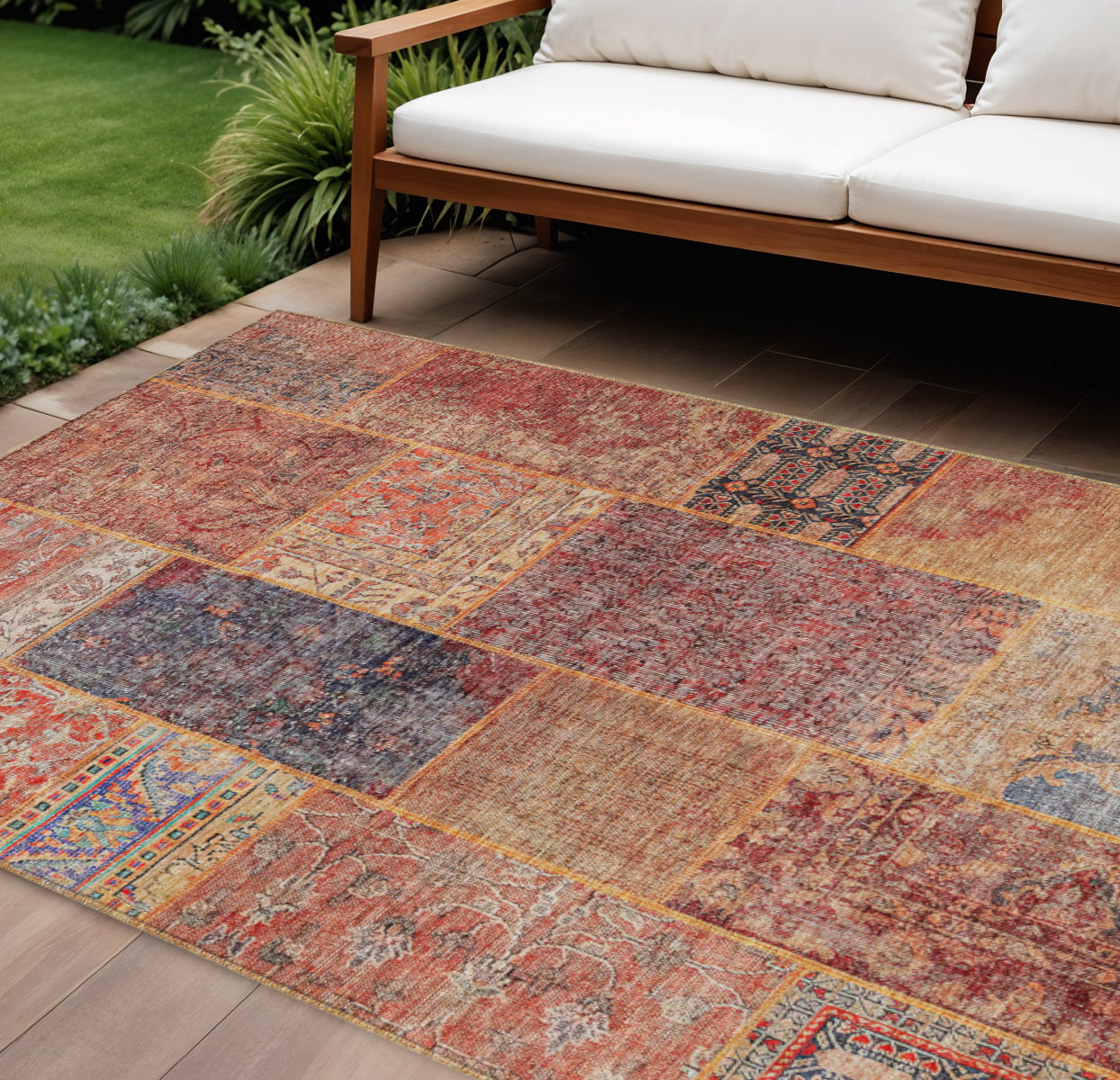 9' X 12' Red Orange And Blue Patchwork Washable Indoor Outdoor Area Rug