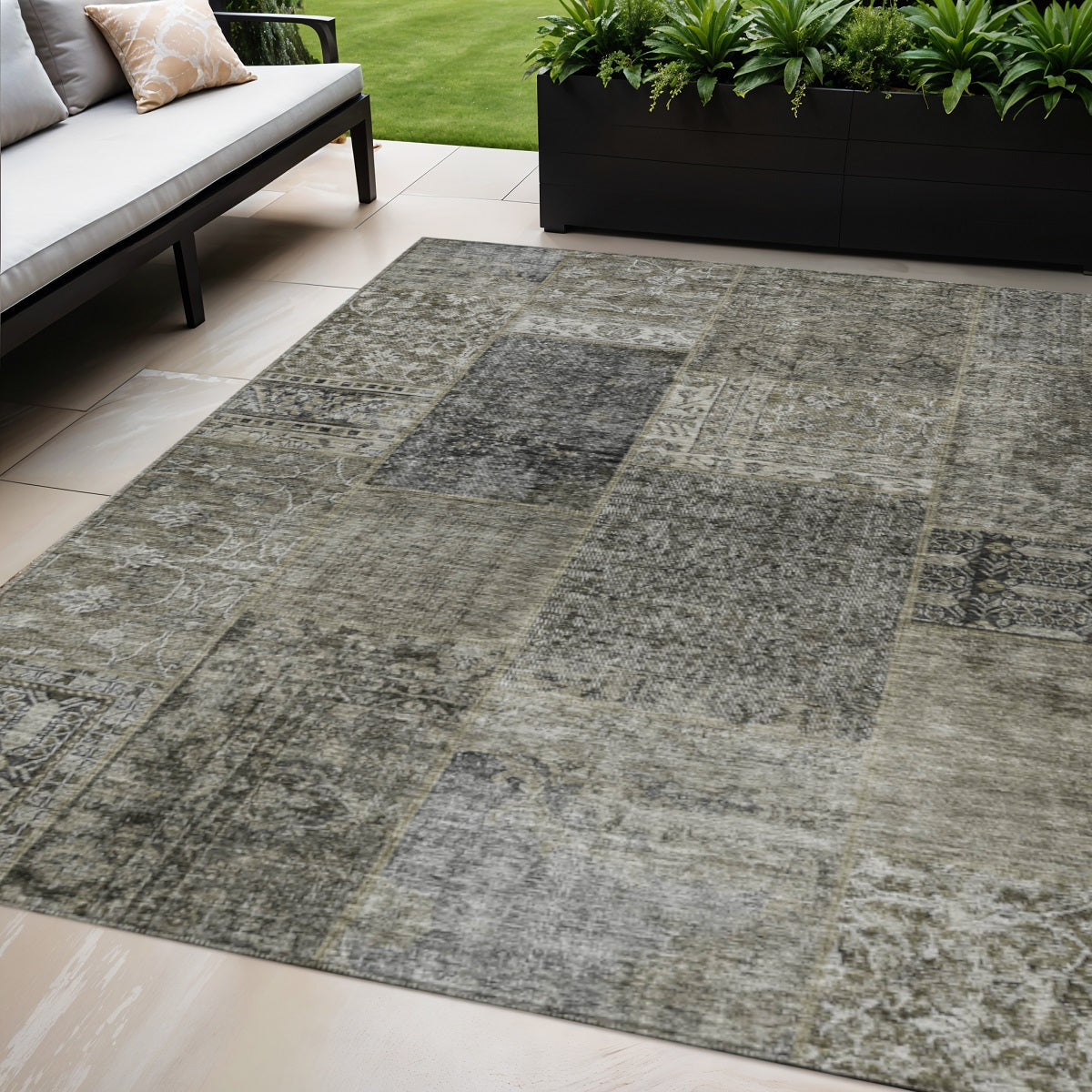 5' X 8' Taupe Brown And Charcoal Patchwork Washable Indoor Outdoor Area Rug