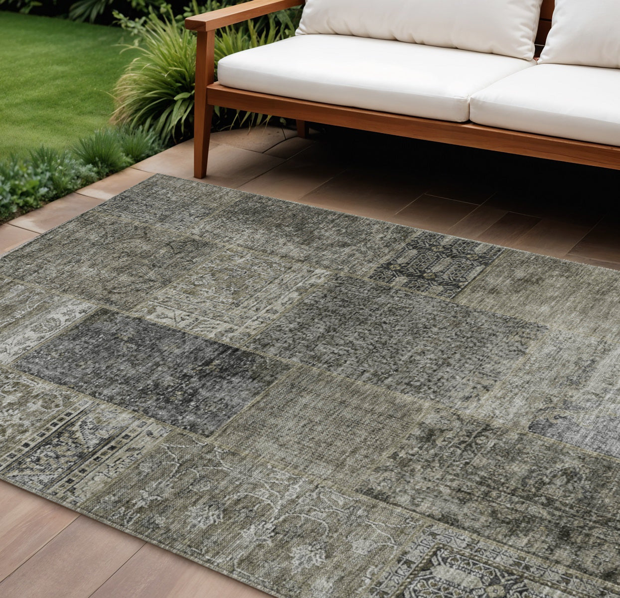 10' X 14' Taupe Brown And Charcoal Patchwork Washable Indoor Outdoor Area Rug
