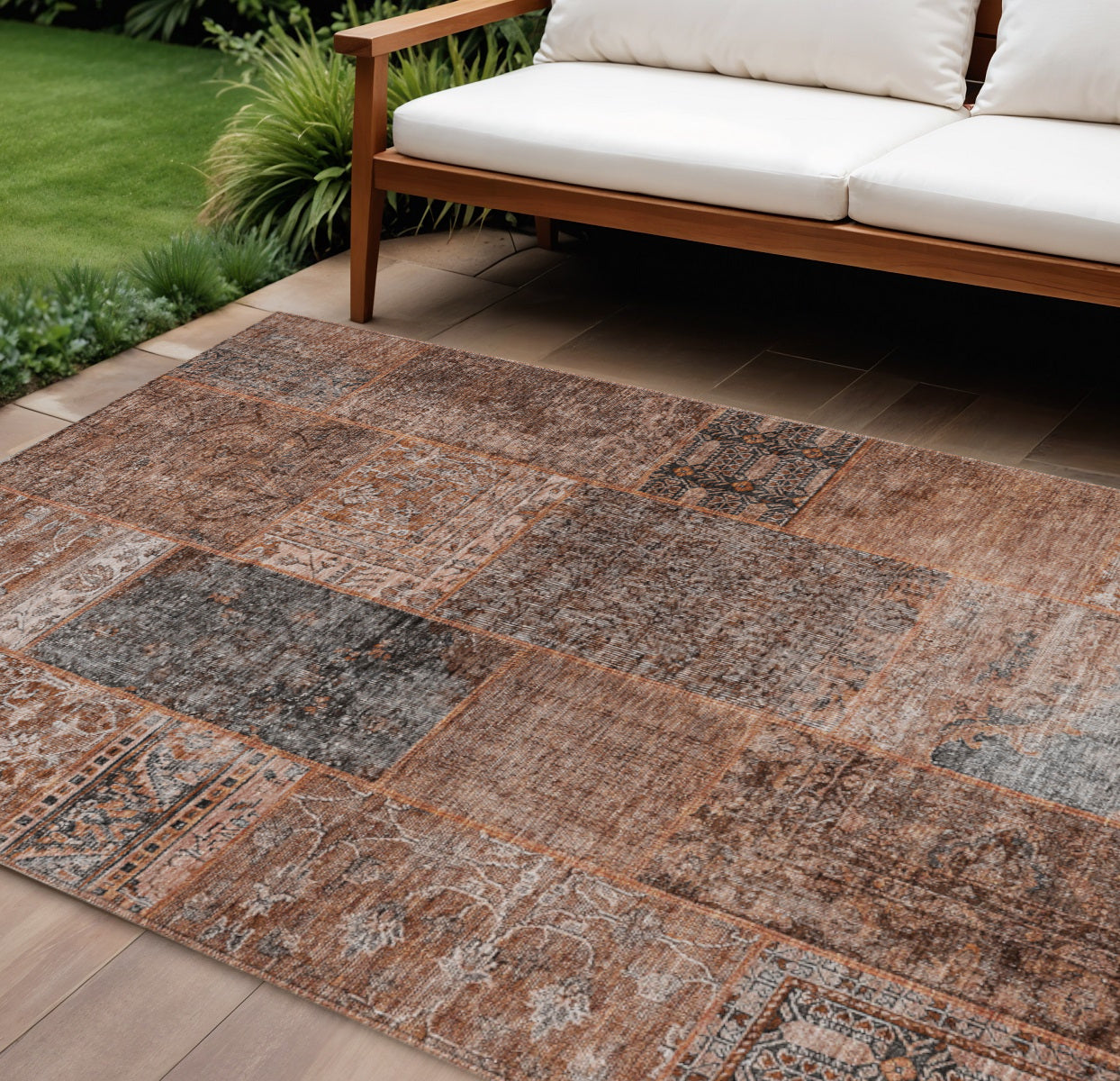 9' X 12' Terra Cotta Copper And Charcoal Patchwork Washable Indoor Outdoor Area Rug