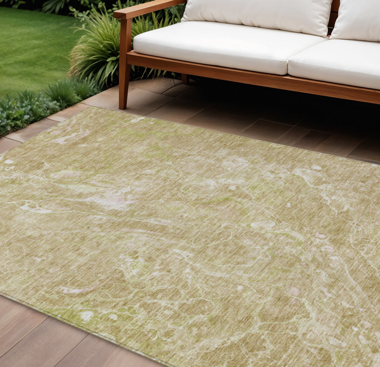 10' X 14' Beige Ivory And Artichoke Green Abstract Washable Indoor Outdoor Area Rug