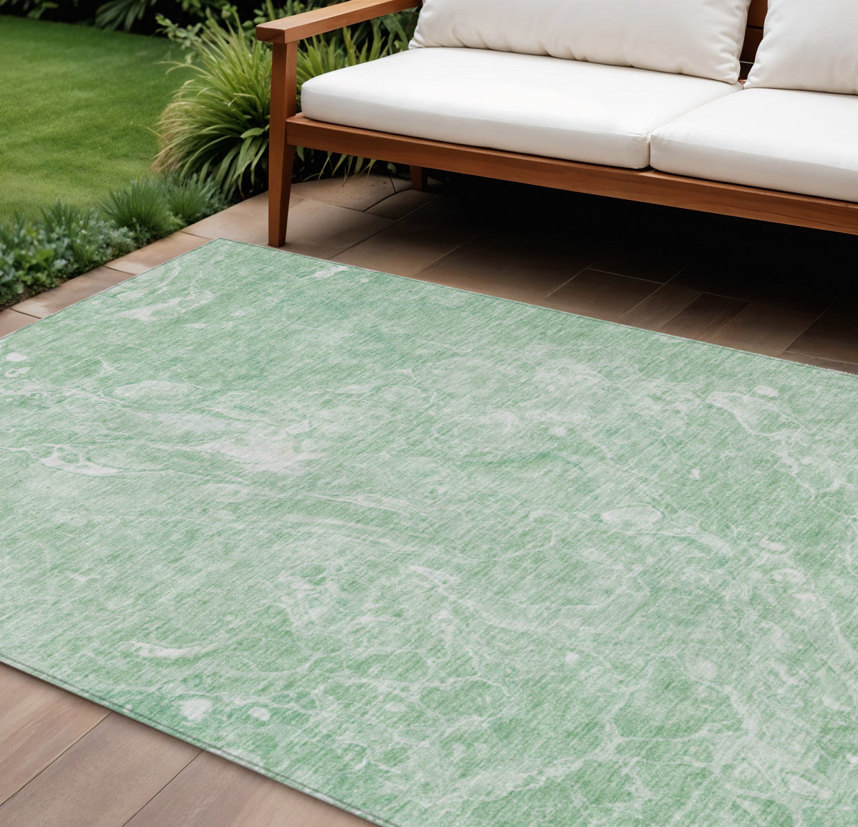 9' X 12' Mint Green Sage And Ivory Abstract Washable Indoor Outdoor Area Rug