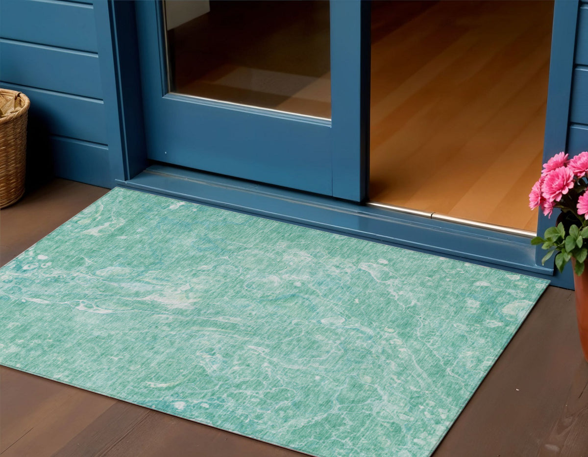 3' X 5' Teal Blue Aqua And Green Abstract Washable Indoor Outdoor Area Rug