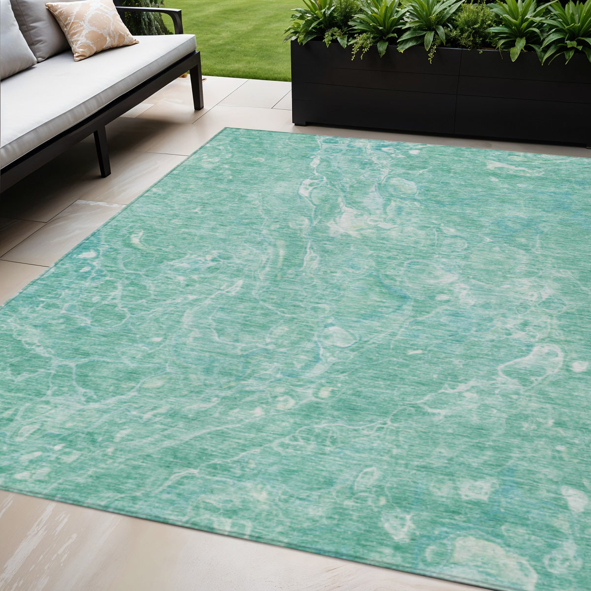 5' X 8' Teal Blue Aqua And Green Abstract Washable Indoor Outdoor Area Rug