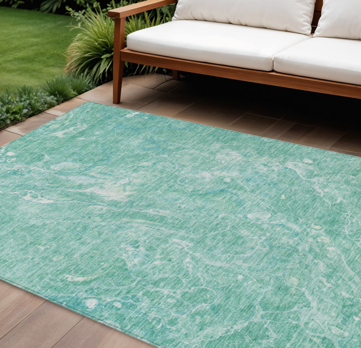 9' X 12' Teal Blue Aqua And Green Abstract Washable Indoor Outdoor Area Rug