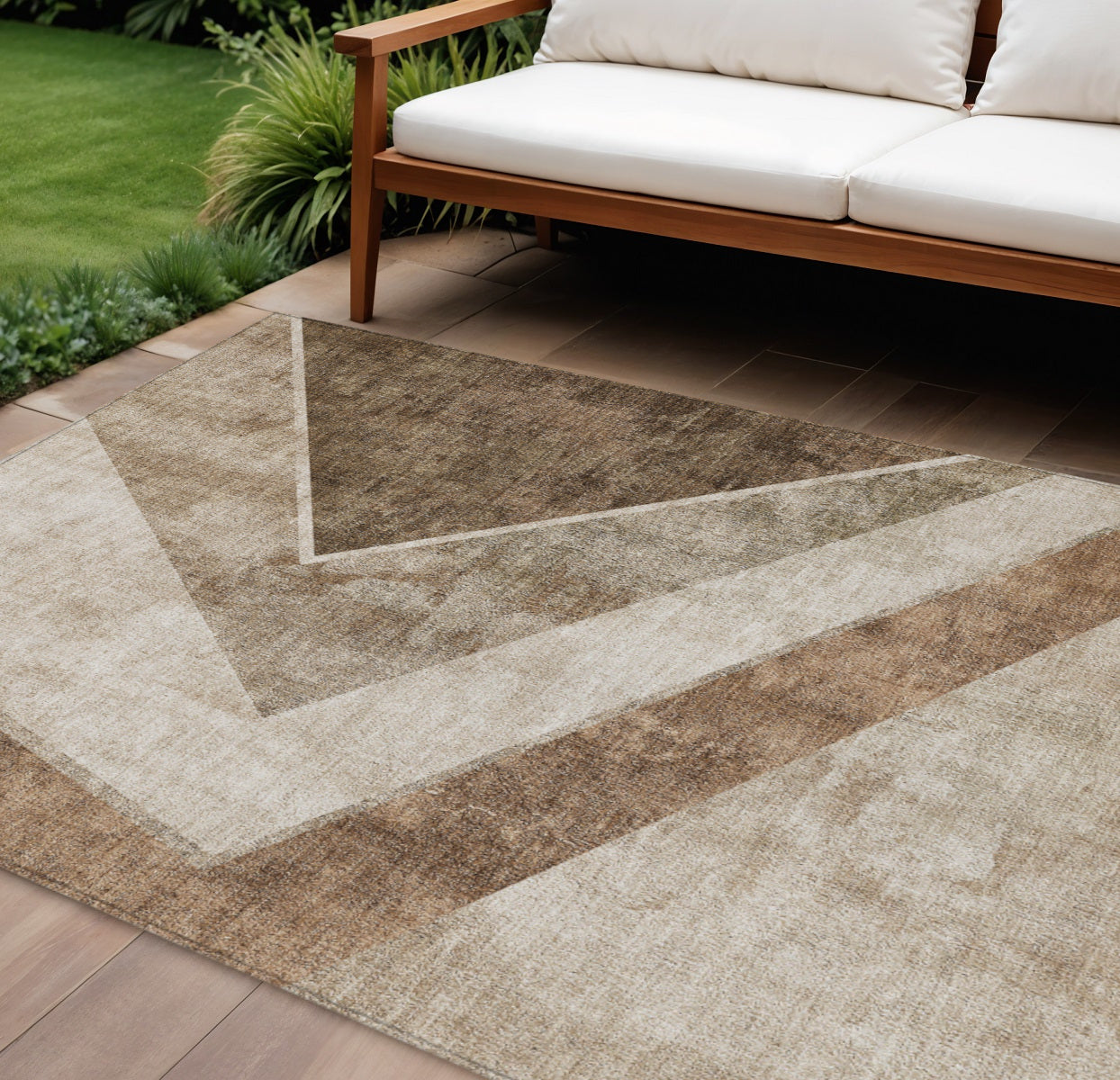 8' X 10' Brown And Beige Geometric Washable Indoor Outdoor Area Rug