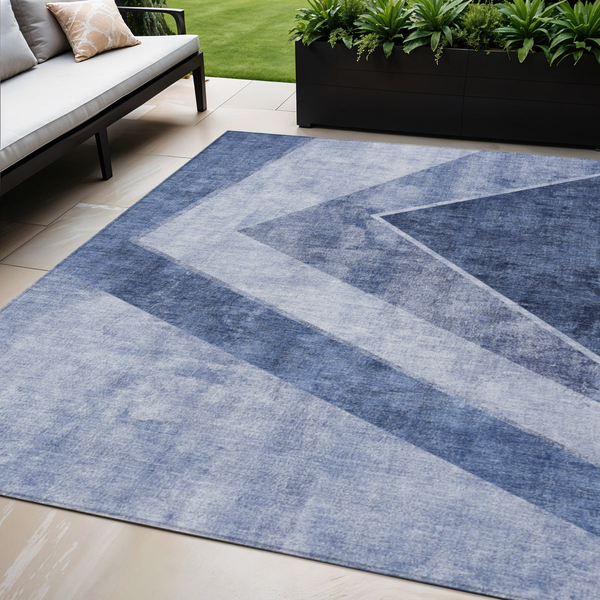 5' X 8' Navy Blue And Denim Blue Geometric Washable Indoor Outdoor Area Rug