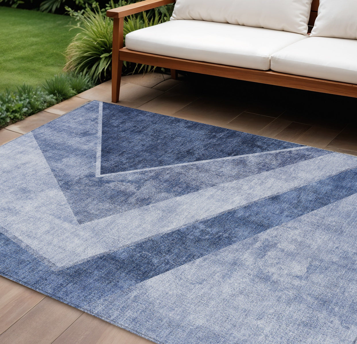 9' X 12' Navy Blue And Denim Blue Geometric Washable Indoor Outdoor Area Rug
