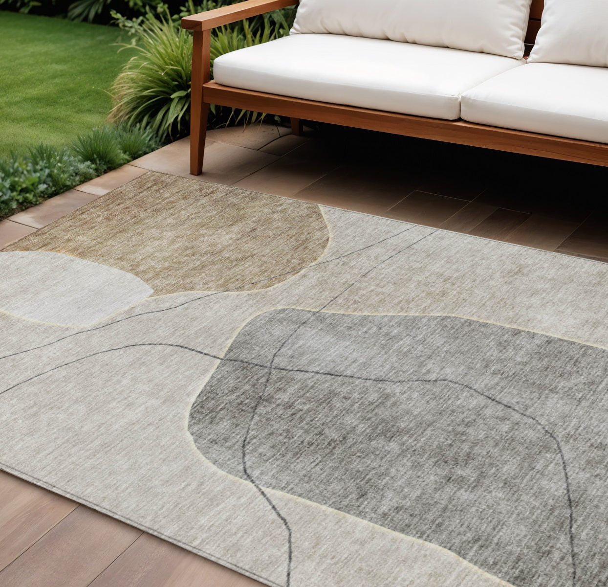 10' X 14' Beige Brown And Taupe Abstract Washable Indoor Outdoor Area Rug