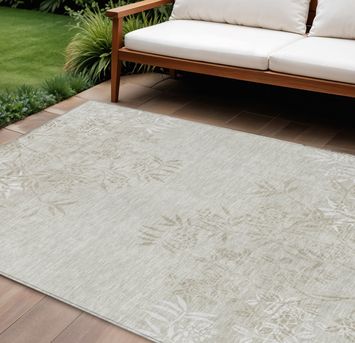10' X 14' Beige Tan And Ivory Floral Washable Indoor Outdoor Area Rug