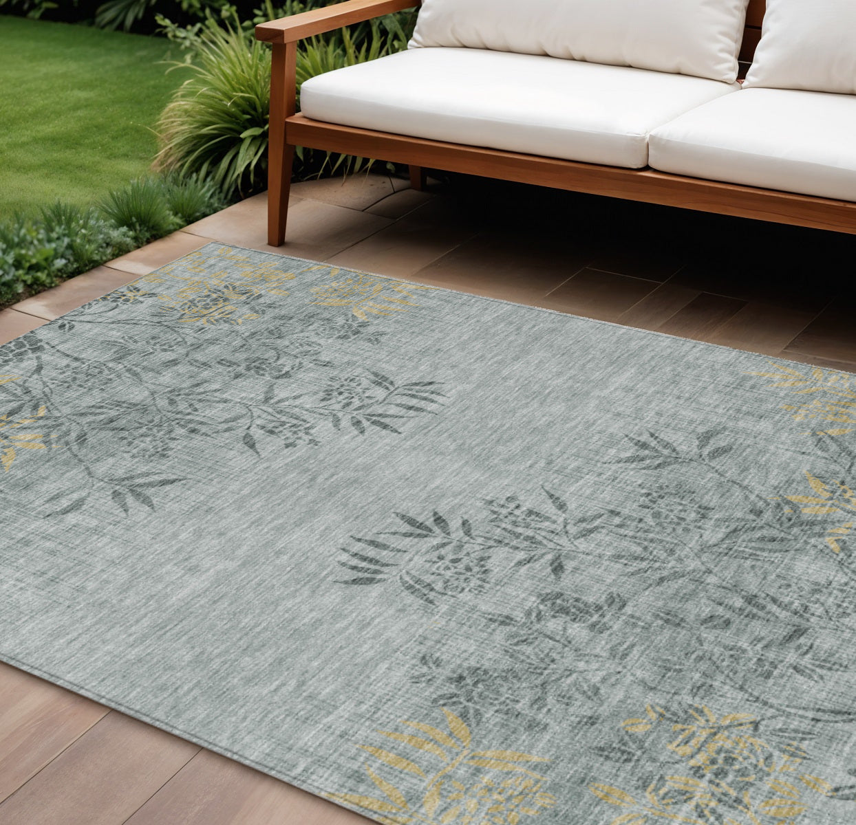 8' X 10' Gray Charcoal And Gold Floral Washable Indoor Outdoor Area Rug