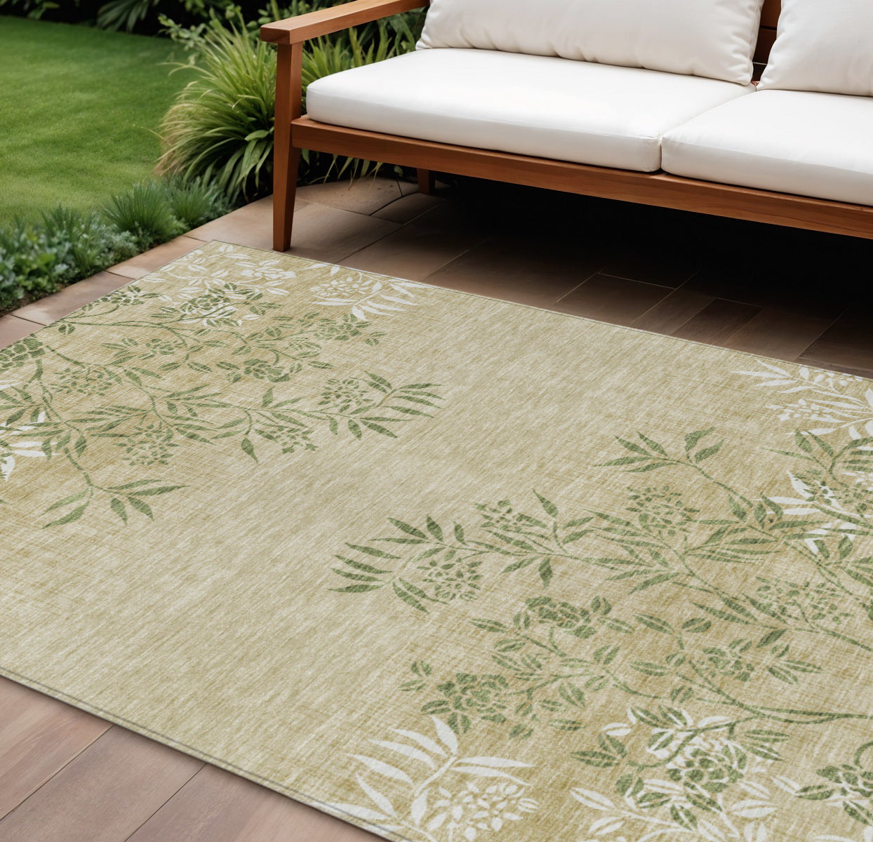 9' X 12' Khaki Ivory And Green Floral Washable Indoor Outdoor Area Rug