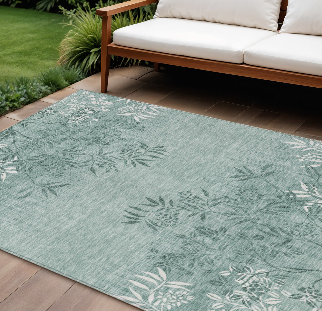 9' X 12' Sage Fern Green And Ivory Floral Washable Indoor Outdoor Area Rug